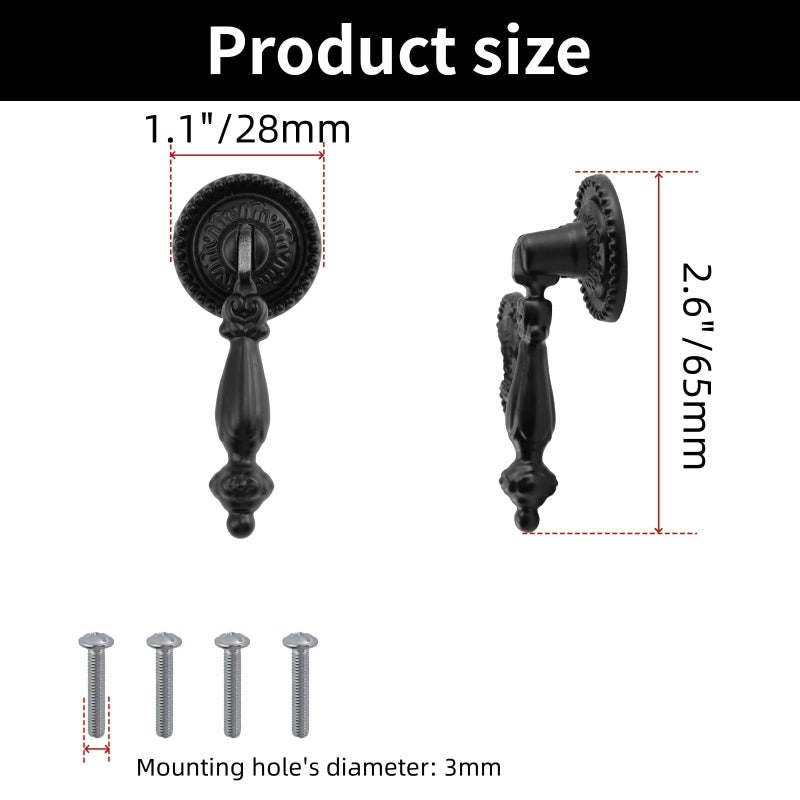 FarBoat 4Pcs Tear Drop Knobs Pulls Pendant Antique Decorative for Cabinet Drawer Closet Dresser Jewelry Box with Screws(Black, 65x28mm/2.6x1.1inch) - Image 2